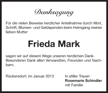 Traueranzeige von Frieda Mark von Pegnitz-Zeitung
